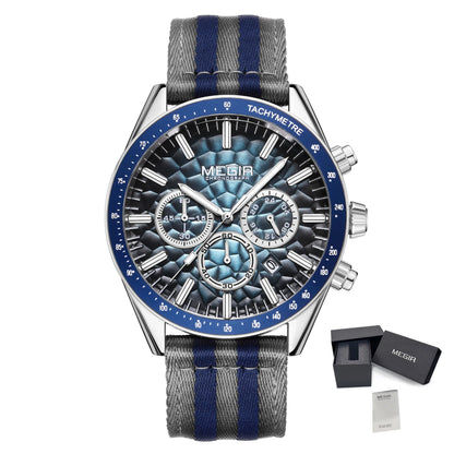 MEGIR Classic Quartz Watch for Men Waterproof Multi-Function Sport Chronograph Fashion Canvas Strap Male Wristwatch Clock 8121