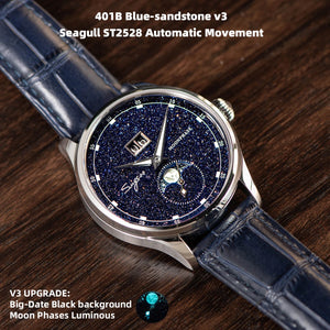 Sugess Moonphase Watch of Men 40mm Automatic Mechanical Wristwatches Seagul ST2528 Movement Stainless Steel Blue Sandstone Dial