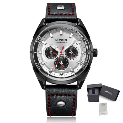 MEGIR Brand Quartz Chronograph Watch for Men Leather Strap Military Sport Wristwatches Waterproof 24-hour Week Date Clock 2072