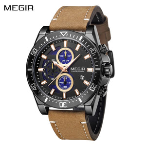 MEGIR Fashion Watches for Men Leather Strap Sport Military Wristwatch Man Quartz Watch Waterproof Chronograph with Calendar 2132